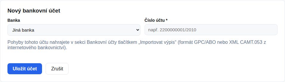 Přidání bankovního účtu