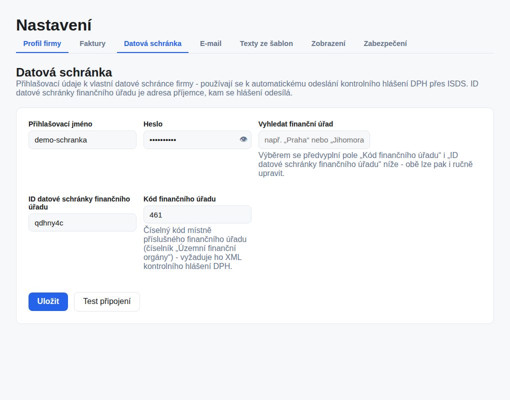 Nastavení → Datová schránka
