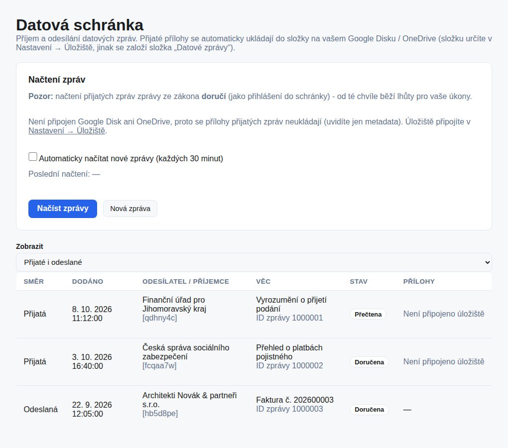 Přehled datových zpráv