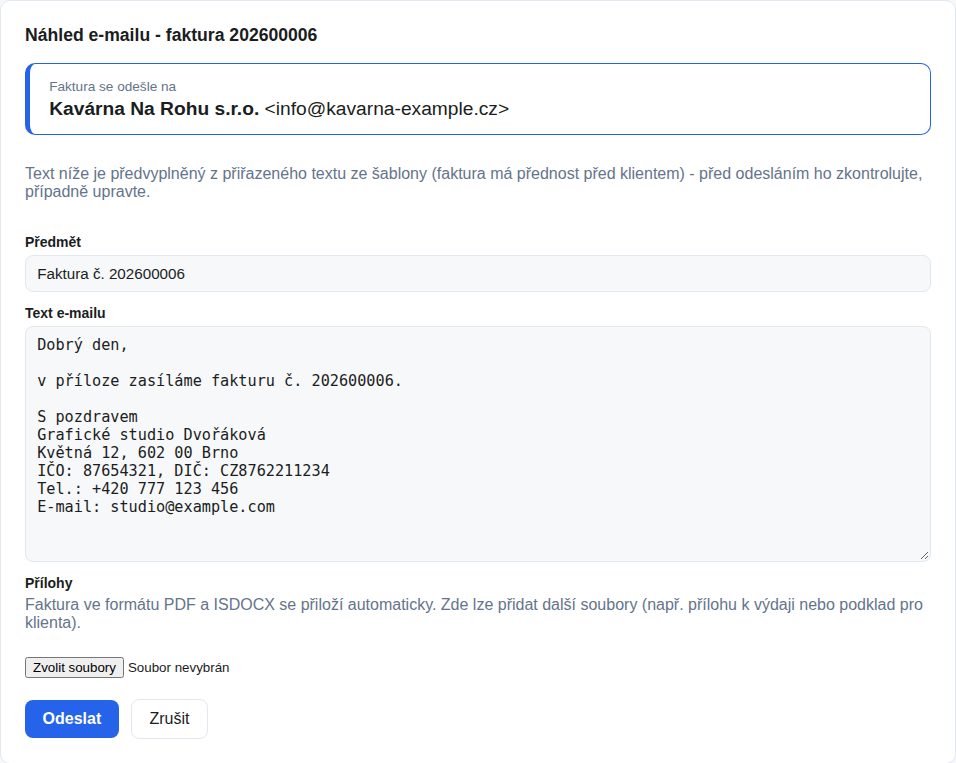 Náhled e-mailu s fakturou