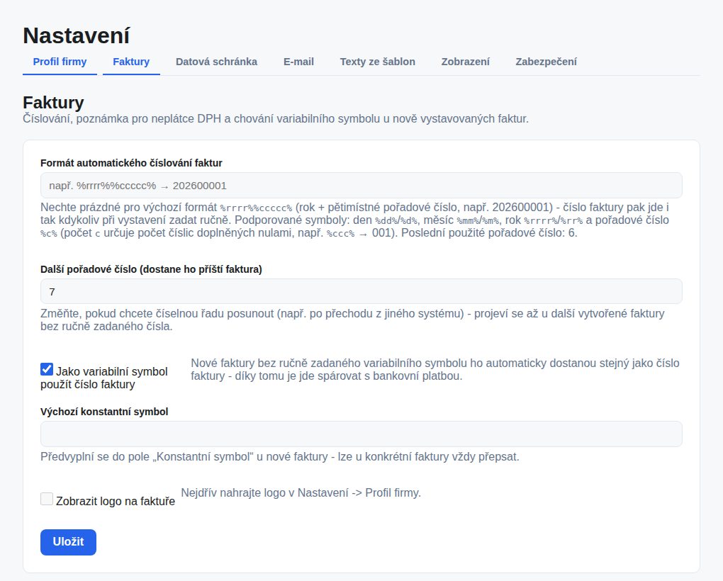 Nastavení → Faktury