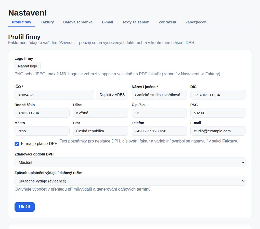 Nastavení → Profil firmy