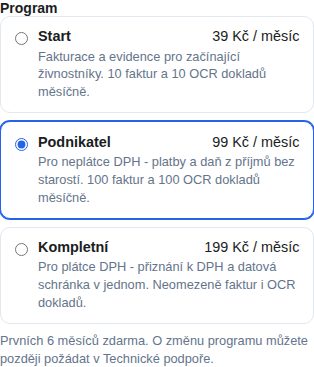 Výběr programu při registraci