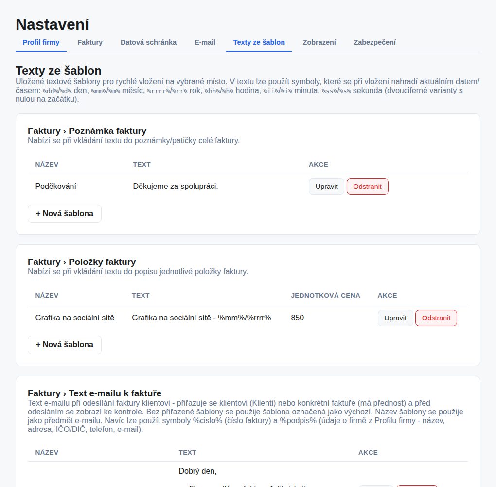 Nastavení → Texty ze šablon