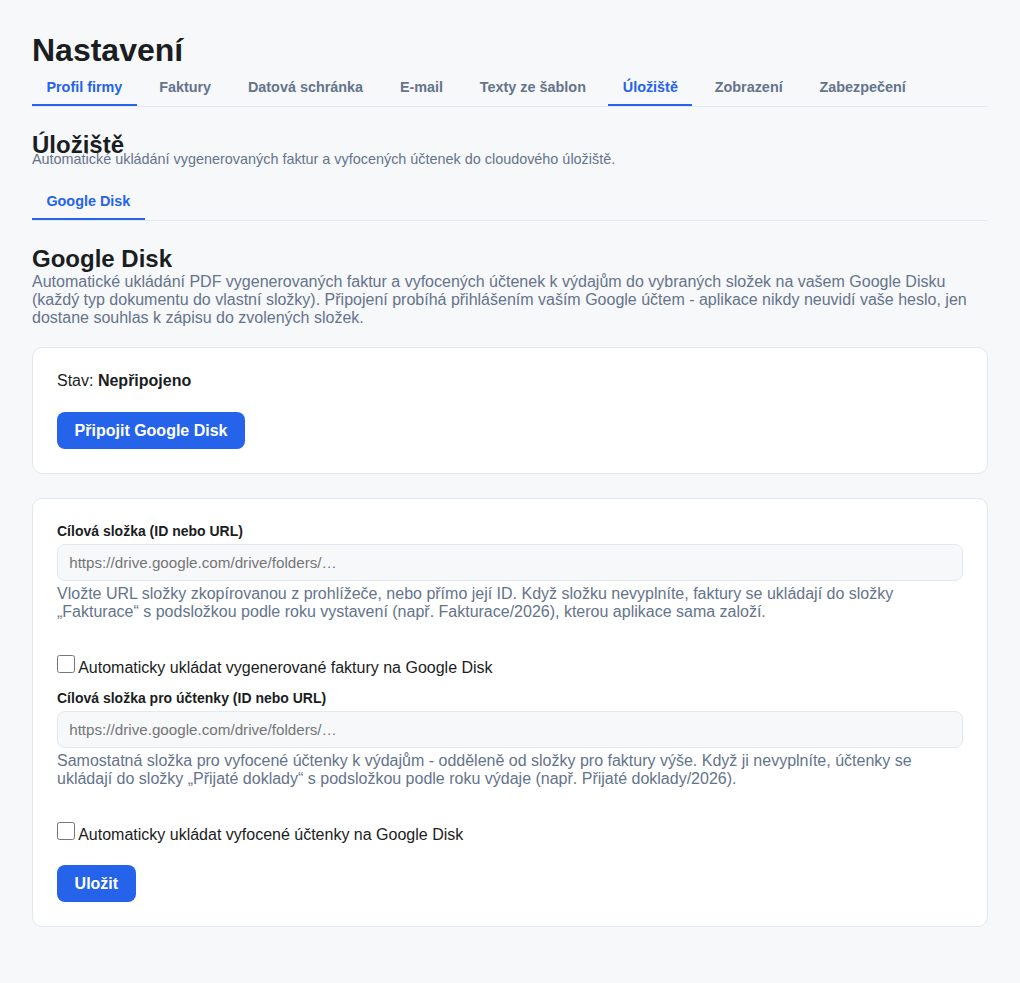 Nastavení → Úložiště → Google Disk